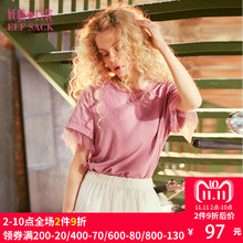 妖精的口袋旗舰店网纱短袖春装2018新款宽松圆领纯色拼接T恤女图片