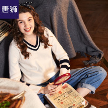 唐狮旗舰店2018秋装新款毛衣女韩版V领撞色线衫针织袖口微喇图片
