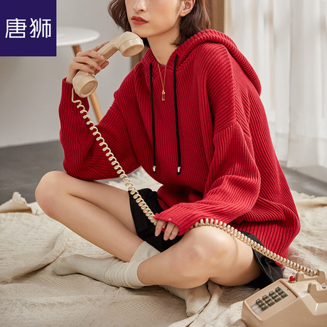 唐狮秋冬2018秋冬装新款毛衣卫衣女连帽宽松外穿毛衣外套针织商品大图