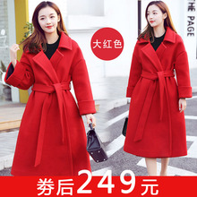 毛呢外套女装冬季中长款风衣修身收腰红色呢子大衣反季清仓特价图片
