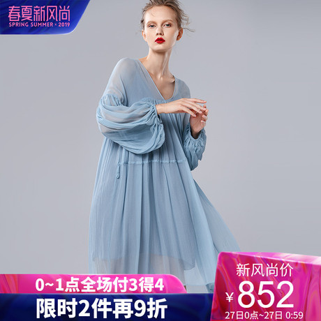 dfvc2019夏季新款女重磅真丝连衣裙中长款灯笼袖V领高腰大摆宽松商品大图
