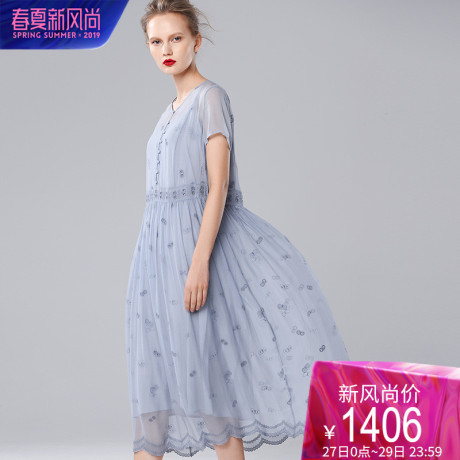 dfvc印花短袖v领真丝连衣裙女2019夏季新款宽松中长款桑蚕丝A字裙商品大图