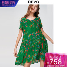dfvc娃娃款重磅真丝连衣裙女2019春夏新款短袖圆领桑蚕丝印花裙子图片