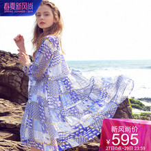 dfvc2019夏季新款女蓝色印花真丝雪纺连衣裙短款宽松桑蚕丝长袖图片