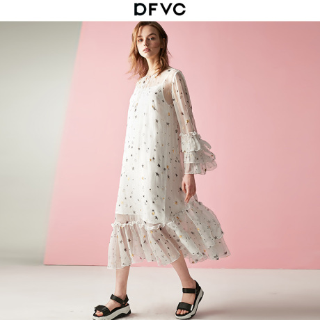 dfvc2019春装新款女装真丝连衣裙中长款荷叶边公主风桑蚕丝仙女裙商品大图