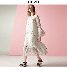 dfvc2019春装新款女装真丝连衣裙中长款荷叶边公主风桑蚕丝仙女裙图片