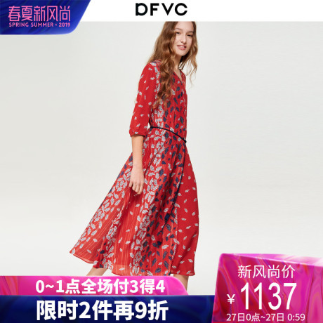 dfvc真丝印花连衣裙女2019春夏新款中长款v领高腰系带桑蚕丝裙子商品大图