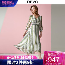 dfvc2019春装新款V领条纹网纱重磅真丝连衣裙女桑蚕丝中长裙收腰图片