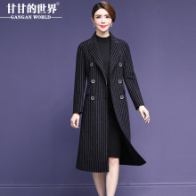 甘甘的世界2018秋冬新款双面呢大衣女中长款过膝条纹羊毛呢外套女图片