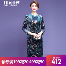 甘甘的世界2018秋冬新款金丝绒复古印花修身九分袖中长款连衣裙女图片