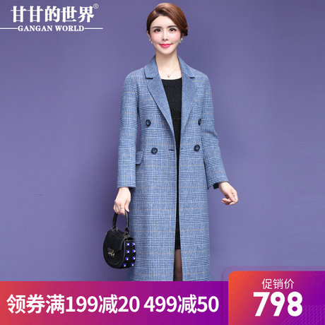 【80%羊毛】甘甘的世界2018秋冬新款西装领格纹毛呢大衣中长款女商品大图