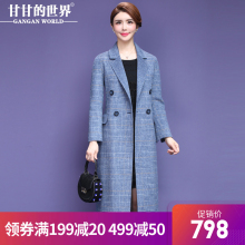 【80%羊毛】甘甘的世界2018秋冬新款西装领格纹毛呢大衣中长款女图片