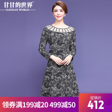 【弹力印花】甘甘的世界2018秋冬新款长袖中长款连衣裙女中年女装图片