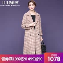 【全羊毛】甘甘的世界2018秋冬新款翻领时尚格子双面呢大衣女中长图片