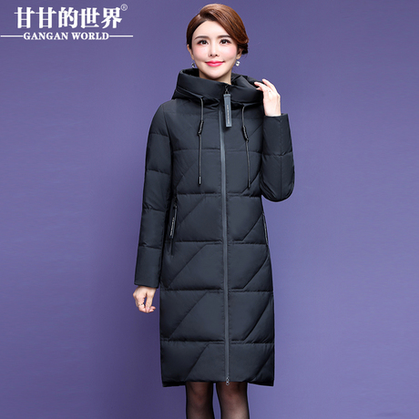 【90%白鸭绒】中长款黑色羽绒服女甘甘的世界新款高领连帽修身商品大图