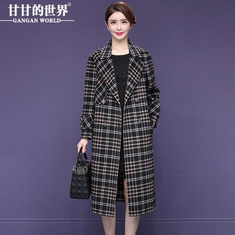【80%羊毛】双面呢大衣女中长款2018新款甘甘的世界冬季格子西装商品大图