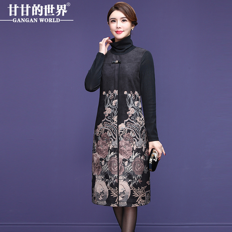 【麂皮绒】甘甘的世界2018秋冬新款复古印花连衣裙女中长款妈妈装商品大图
