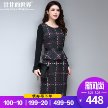 连衣裙假两件2018春秋新款女甘甘的世界OL修身羊毛呢连衣裙中长裙图片