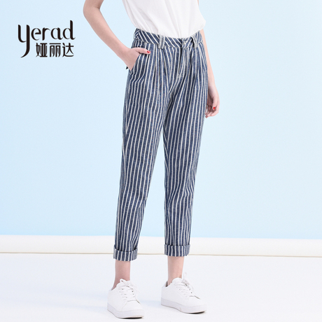 娅丽达女裤2018夏季新款竖条纹哈伦裤女长裤宽松卷边牛仔裤萝卜裤商品大图