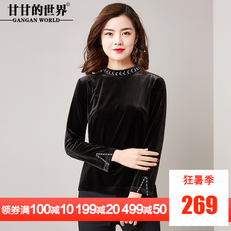 衬衫女甘甘的世界2018秋装新款金丝绒长袖体恤打底衫短款上衣女商品大图
