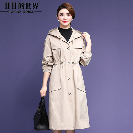 甘甘的世界2018秋装新款休闲连帽风衣外套女中长款大码中年女装商品大图