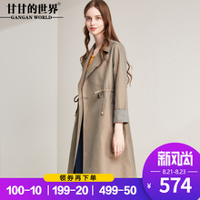 甘甘的世界2018秋季新款中长款拼接格纹九分袖风衣女腰部抽绳外套图片