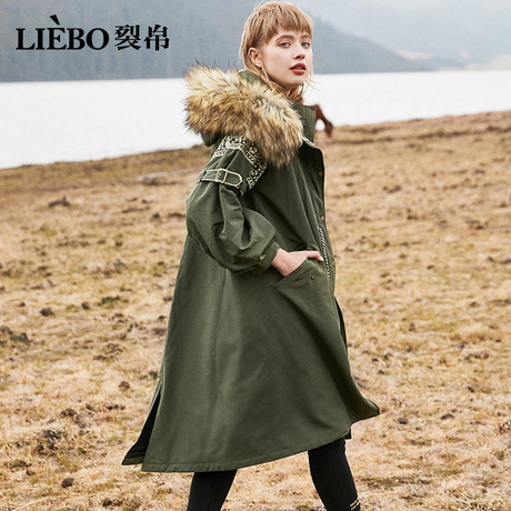 裂帛大毛领宽松中长款棉服女2018冬季新款连帽绣花民族风加厚外套商品大图