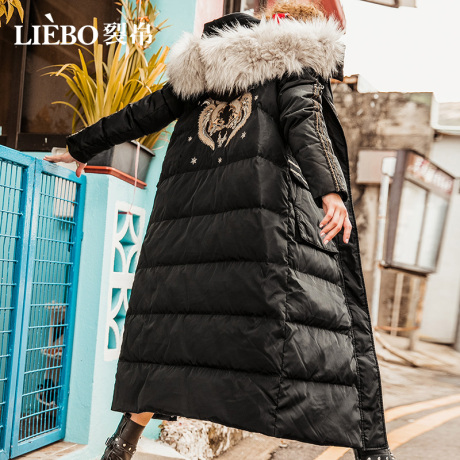 裂帛中长款羽绒服女2018冬季新款毛领复古民族风刺绣过膝超长外套商品大图