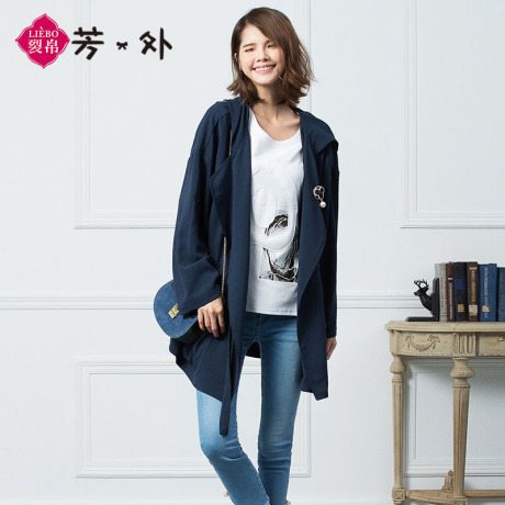 芳外大码女装2018秋季新款连帽领长袖腰带长外套风衣64170067商品大图