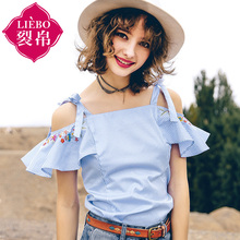 裂帛女装2018夏装新款时尚蓝白条纹吊带衬衣荷叶边刺绣衬衫女图片