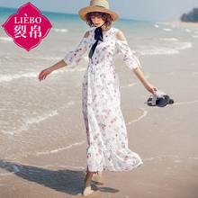裂帛2018夏装新款仙女度假风圆领拉链露肩印花雪纺连衣裙51172683图片
