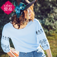 裂帛2018夏装新款气质圆领刺绣七分袖小衫简约套头衬衣女51172219图片