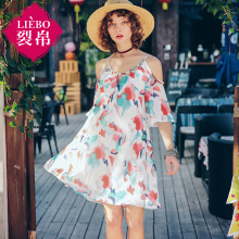 裂帛旗舰店2018夏装新款度假仙女风吊带喇叭中袖印花雪纺连衣裙图片