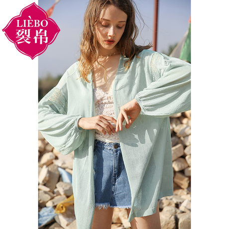 裂帛女装2018夏装新款气质无扣蕾丝拼接灯笼长袖防亚麻针织衫商品大图