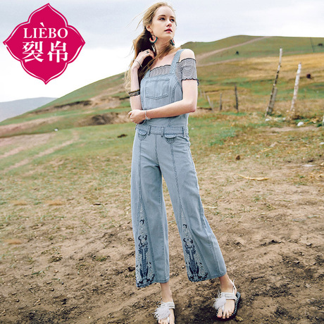 裂帛旗舰店2018夏新款减龄刺绣阔腿背带裤时尚显瘦全棉牛仔裤女商品大图