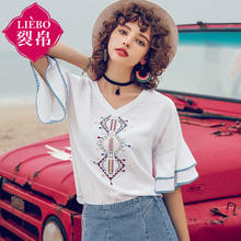 裂帛女装2018夏装新款唯美民族风V领刺绣双层喇叭短袖雪纺衫图片