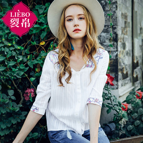 裂帛旗舰店百搭白衬衣女2018新款夏装白衬衫女七分袖polo衫女上衣商品大图
