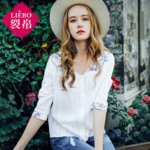 裂帛旗舰店百搭白衬衣女2018新款夏装白衬衫女七分袖polo衫女上衣图片