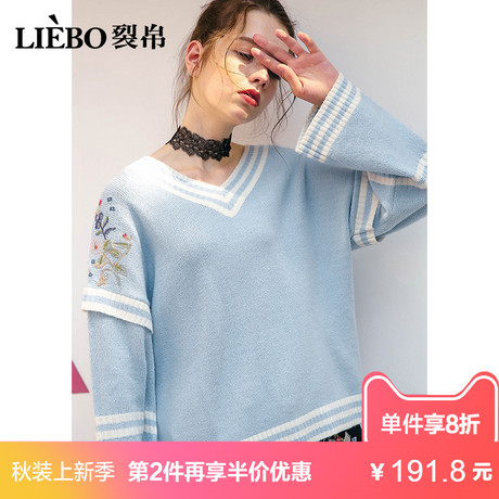 裂帛2018秋季新款时尚v领浪漫绣花清新风甜美少女宽松长袖毛衣女商品大图