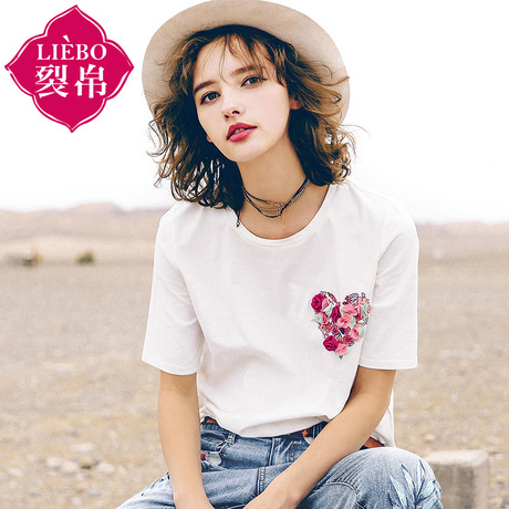 裂帛旗舰店2018新款夏装短袖t恤女宽松圆领刺绣白色半袖上衣体恤商品大图