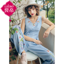 裂帛2018夏装新款复古V领刺绣拼接口袋连体阔腿牛仔裤女51172719图片