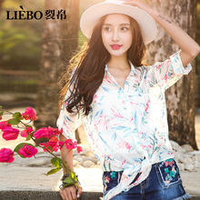 裂帛2017夏装新款翻领七分袖印花衬衫花色雪纺衬衣女图片