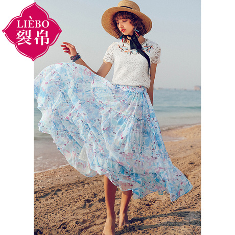 裂帛2018夏装新款女气质度假风松紧腰拼接印花雪纺半身裙51172735商品大图