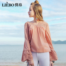 裂帛2018夏装新款镂空刺绣百搭衬衣花瓣领抽绳长袖衬衫女夏图片