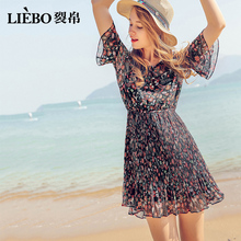 裂帛旗舰店2018夏度假风V领松紧腰女中袖A摆雪纺显瘦连衣裙图片