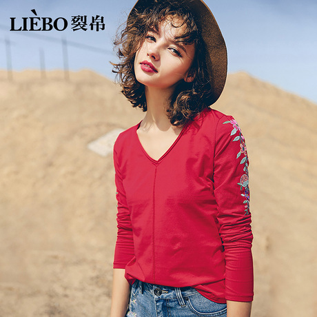 裂帛花朵刺绣毛边V领T恤2018夏装新款针织宽松休闲长袖上衣女商品大图