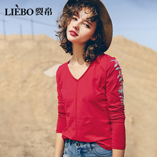 裂帛花朵刺绣毛边V领T恤2018夏装新款针织宽松休闲长袖上衣女图片