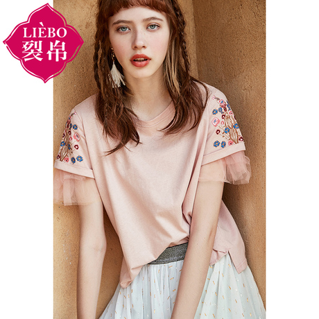 裂帛旗舰店2018夏装新款刺绣蕾丝拼接上衣宽松版短袖百搭T恤女商品大图