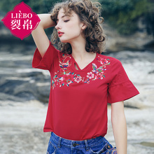 裂帛2018夏新款个性圆领刺绣上短袖衣拼接时尚针织T恤女51172579图片