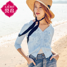 裂帛2018夏装新款淑女V领刺绣七分袖纽扣开襟针织衫女51172696图片